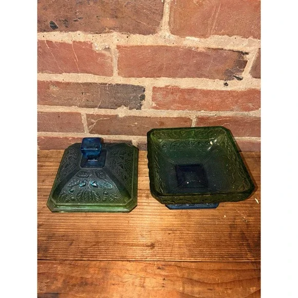 Jeannette Blue Green Glass Footed Candy Dish Grape Leaf - Picture 3 of 9